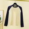 Novo estilo outono e inverno feminino, camada interna quente, top casual solto com gola redonda, mangas raglan coloridas e forro de fleece
