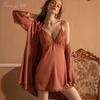 Xian Yi Chunqiu Conjunto de Ropa para el Hogar para Mujer, Falda Lencera Sexy Cómoda de Satén con Encaje y Bata Exterior 427
