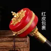 Rueda de Oración de Cobre Tallada con Flor de Xizang de Manivela Manual con Cubierta de Cuero Rojo y Base Tallada Estilo Loto