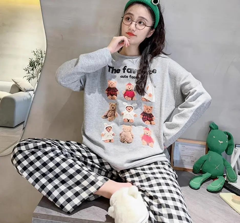 灰色卫9只熊格子裤双长