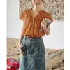 Camisa de Lino Retro Francés Soljghter con Cuello en V para Mujer Verano 2025 Nueva Holgada Ajustada Top