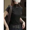 Nueva Camiseta Casual Simple de Estilo Coreano para Otoño, Cuello Medio Alto, Manga Corta, Silueta Adelgazante, Top Cómodo y Amigable con la Piel para Mujer