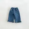 Calça jeans forrada com fleece para meninas, coleção outono/inverno 2026, calça de fleece fofa bordada para bebês meninas, calça infantil, zdk6641