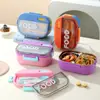 Caja de almuerzo compartimentada simple de acero inoxidable 304 para estudiantes con juego de cubiertos (tenedor y cuchara) y vaso de plástico para almuerzo
