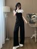 Traje de Moda de Manga Corta con Bloque de Color Blanco y Negro para Mujer, Verano, Adelgazante, Rejuvenecedor, Falso de Dos Piezas, Deportivo Casual, Pantalones de Pierna Ancha, Conjunto de Dos Piezas