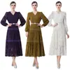 Vestido de Encaje con Cuello en V para Mujer Mangas Largas Tipo Farol Cinturón Ceñidor de Cintura Hueco Dobladillo Amplio Falda Larga Ropa de Mujer Europea y Americana Transfronteriza