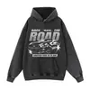 Moletom Gola Careca Estilo Streetwear Vintage com Efeito Lavado, Marca de Carros Esportivos Americanos, Top Solto Estilo Corrida Preto e Branco