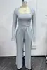 Conjunto de Calça Longa Casual de Novo Estilo Outonal com Top Cropped de Manga Longa e Decote Quadrado Roupa Esportiva Feminina Europeia e Americana