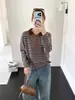 Camiseta Base de Punto Bordada a Rayas con Cuello de Muñeca Estilo Nuevo 2025 para Mujer, Elegante Top para Mujer Tallas Grandes, Suéter de Otoño e Invierno