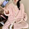 Pijama Meio Aveludado para Mulheres no Outono e Inverno Novo Estilo Forrado com Fleece e Espessado Doce Poá Renda Manga Longa Roupas Quentes para Casa para Meninas