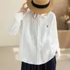 Estilo Old Money Camisa Branca Bordada Top Feminino 2026 Novo Verão Camisa de Linho Manga Longa Jaqueta Fina para Ar Condicionado