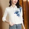 Camisa de Satín para Mujer Primavera Temprana 2026, Manga Larga, Diseño Único, Estilo Chino, Estampado de Tinta Retro, Camisa Blanca Pesada