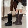 Botas de Cano Alto Plissadas com Pelo Grosso e Salto Grosso, Bico Redondo, Couro de Vaca Macio Gigante com Costura, Fivela de Cinto, Botas de Cavaleiro para Mulheres, Novidade Outono/Inverno 2025