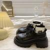 Sapatos Pequenos de Couro Estilo Britânico Bico Redondo Preto com Solado Grosso para Mulheres 2024 Novo Outono Salto Grosso Sapatos Mary Jane Retrô Francês