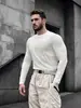Camiseta Casual Americana de Color Puro con Cuello Redondo y Mangas Largas Elástica de Secado Rápido Deportiva Grande Transpirable Top Base para Entrenamiento Deportivo