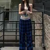 Pantalones de pierna ancha a cuadros azules y negros de moda para mujer, delgados de verano, cintura alta, adelgazantes, fluidos, holgados, casuales, hasta el suelo, talla grande