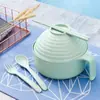 Tenedor cuchara palillos de paja de trigo tazón para fideos instantáneos hogar dormitorio estudiantil redondo con tapa tazón de arroz de gran capacidad venta al por mayor de fábrica