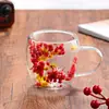 Taza simple de doble capa de vidrio de borosilicato alto con asa, alto valor de color, taza de flores secas para el hogar, taza para bebidas de jugo, taza para beber