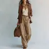 Conjunto de Dos Piezas para Mujer Otoño 2026 Transfronterizo Camisa de Cuello con Rayas Verticales Marrones y Pantalones de Pierna Ancha con Cordón Color Café