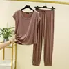 Conjunto de Pijama Curto de Modal Feminino Verão Gola Redonda Calça Cropped Toque Fresco Roupa de Fora Casual Fina Roupa de Casa Conjunto de Duas Peças