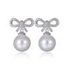 Aretes de Perlas Estilo Corto para Mujer Perla Lazo Incrustado Dulce y Lindo Estilo Coreano Venta Directa de Fábrica Aretes de Aguja de Plata Esterlina S925