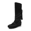 Botas Longas Empilhadas Fashionáveis Foscas de 3,5cm para Mulheres 2026 Outono e Inverno Novo Estilo Bico Redondo Solado Plano Botas de Cano Alto com Franjas