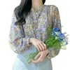 Blusa de chifre floral para mulheres, novo design estiloso, top moderno estampado de manga comprida, camisinha doce