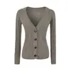 Cárdigan de punto de cuello en V de alta gama color café para mujer, de primavera, estilo retro americano, ajustado, favorecedor, de manga larga, para usar en capas