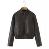 Comercio Electrónico Transfronterizo Nuevo Estilo Elegante Chaqueta de Cuero con Cuello Alto para Dama Color Sólido Textura de Lichi Cremallera Corta Cárdigan Ropa de Abrigo