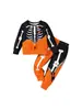 Ropa de dormir de dos piezas para niños, estilo europeo y americano, para primavera y otoño, con estampado de calaveras para Halloween, manga larga y pantalón largo, ropa para niños Ins
