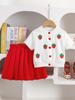 Primavera e verão europeu e americano transfronteiriço morango pit camiseta de manga curta cardigan de abotoamento simples suéter vestido vermelho terno para meninas