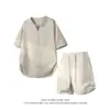 2026 Nuevo Estilo de Verano para Hombre Ajuste Holgado Imitación Lino de Lyocell Delgado de Manga Corta Traje Moda Juvenil Casual Conjunto de Dos Piezas