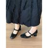 Versão em Pele de Ovelha ~ Novos Sapatos Mary Jane Vermelhos com Bico Baixo, Saltos Grossos, Tiras de Velcro e Saia, Saltos Altos para Mulheres