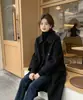 Abrigo de Lana Negro Estilo Coreano de Longitud Media para Mujer, Corte Holgado, Bolsillos Grandes, Solapa, Doble Botonadura, Adecuado para Personas Petitas, Chaqueta de Lana Versátil