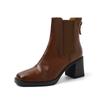 Moda Commuter Texted Full Cowhide Salto Alto Chelsea 2024 Outono e Inverno Salto Grosso Simples Biqueira Quadrada Botas de Couro para Mulheres