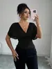 2026 Transfronterizo Europeo y Americano Amazon Moderno Elegante Color Sólido Cuello en V Profundo Mangas Cortas Volantes Ajuste a la Cintura Top para Mujer