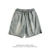 Novos Shorts Jeans Workwear Lavados Vintage Estilo Verão para Homens, Marca Tendência com Bordado, Estilo Japonês, Casual Soltinho com Cordão