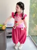 Conjunto Casual de Verano 2026 para Niñas Nuevo Vestido de Verano con Mangas Volantes de Dibujos Animados para Bebés con Pantalones de Linterna Conjunto de Dos Piezas