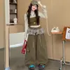 Calça Casual de Outono para Meninas Médias e Grandes Primavera e Outono Nova Roupa Infantil Meninas Calça Cargo Patchwork de Renda Solta Estilosa