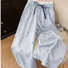 Calça Larga Listrada Azul com Laço Estilo Coreano para Mulheres, Novo Modelo Verão 2026, Calça Casual Reta Drapeada de Cintura Alta Emagrecedora