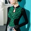 Cheongsam Collar Top Feminino Hollow-out 2023 Primavera Nova Chegada Costura Estampada Estilo Ocidental T-shirt de manga comprida Slim-fit Primavera e Outono Camisa Pequena