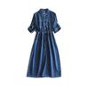 Primavera e verão liso Tencel retro topline decorativo grande bolso patch comprimento médio cintura cinco mangas camisa denim vestido