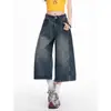 Jeans cropped lavados estilo retro americano para mujer, de verano, modernos, versátiles, de cintura alta, adelgazantes, holgados, de pierna ancha, de longitud media