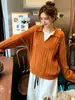 Suéter de Punto Trenzado Cuello Polo Bloque de Color Falso Dos Piezas para Mujer Otoño/Invierno Nuevo Estilo Coreano Retro Prenda Interior de Punto Top para Mujer