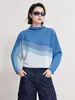 Coleção de outono de Miyake: Camisa básica feminina listrada color block, com gola franzida, mangas morcego, corte solto, comprimento curto e design texturizado de manga longa