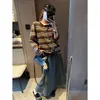 Suéter Cardigan Tricô Mochie Solto Estiloso para Feriado Atmosfera Bloco de Cores Listrado Barra Enrolada Gola Redonda MQ1977