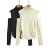 Suéter de Punto con Cuello Alto, Corte Cutout, Hombros Descubiertos para Mujer, Otoño Invierno 2026 Nueva Temporada, Plisado, Ajustado, Muestra Delgada, Capa Base, Suéter Pulóver