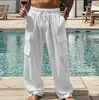Pantalones de Algodón y Lino para Hombre de Cuatro Estaciones Finos Transpirables Ropa de Trabajo Multibolsillos Sueltos Casual Modernos Pierna Ancha