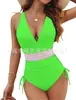Aliexpress Amazon Popular Transfronterizo Europeo y Americano Multicolores Cuello en V Cubre Piel Tiras Plisadas Aspecto Adelgazante Traje de Baño de Una Pieza para Mujer