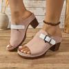 Primavera y Verano Nuevo Estilo Hebilla de Cinturón Tacón Grueso Europeo y Americano Zapatillas de Tacón Medio Sandalias Romanas de Punta Abierta para Mujer